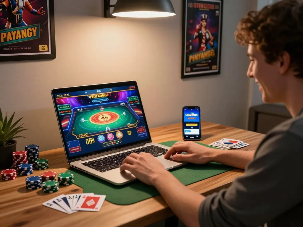The player enjoys a thrilling session on the sunwingo online casino, showcasing cards and chips in a vibrant gaming environment.