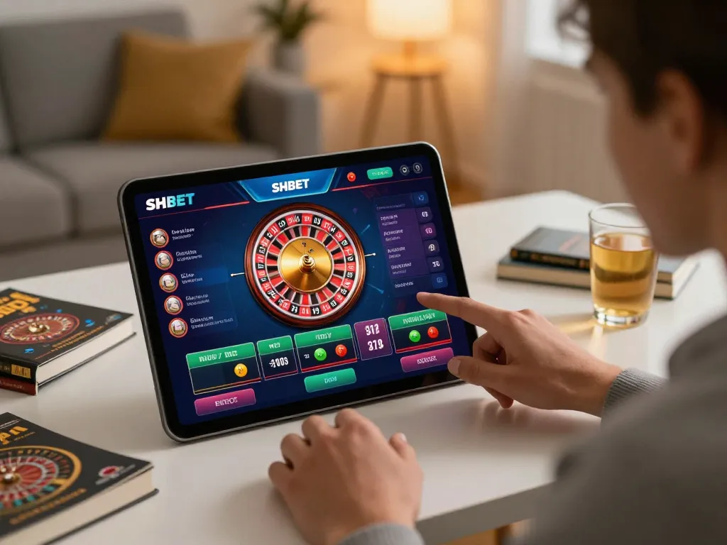 Engaging with SHBET app on smartphone, showcasing roulette gameplay and responsible gambling habits