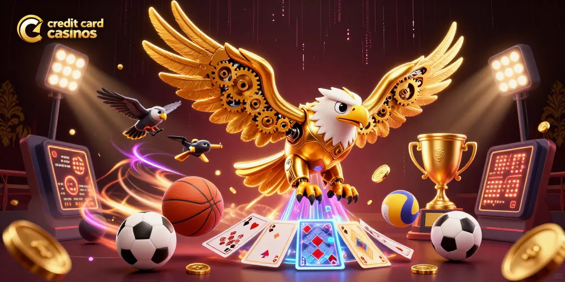 Experience the thrill of credit card casinos with a dynamic scene of a golden eagle diving through holographic cards.