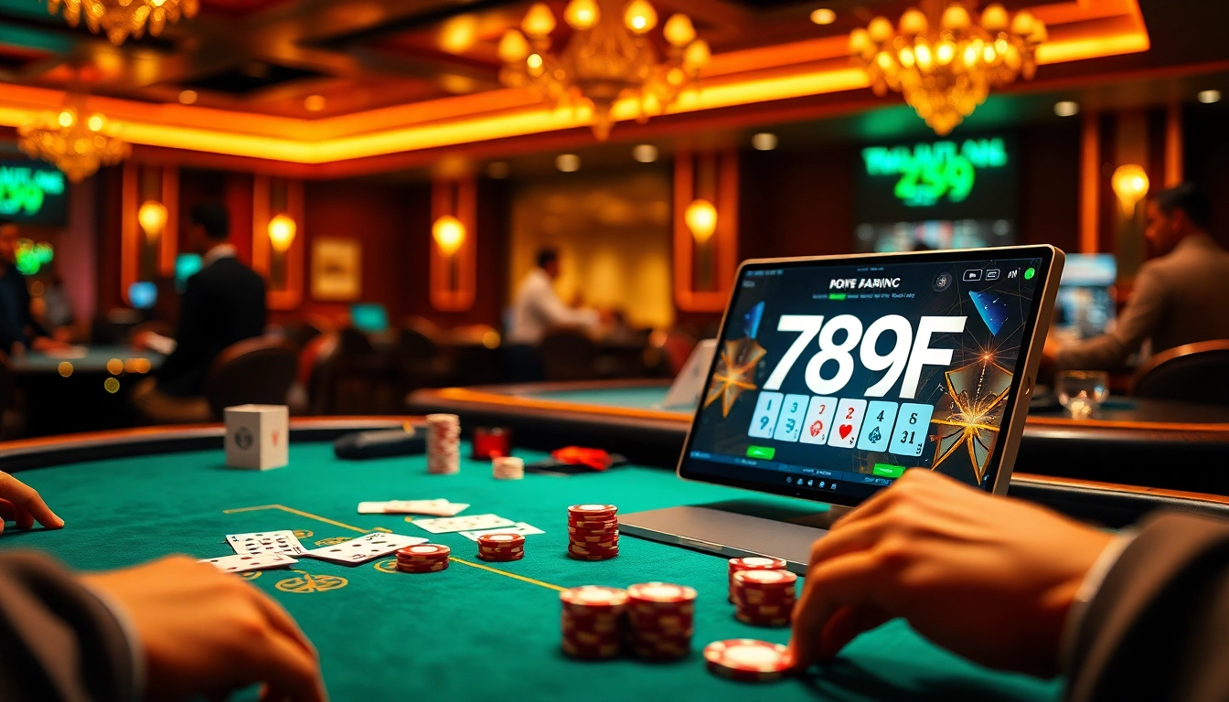 Action-packed scene at 789F, showcasing players betting at casino tables with vibrant chips and cards.