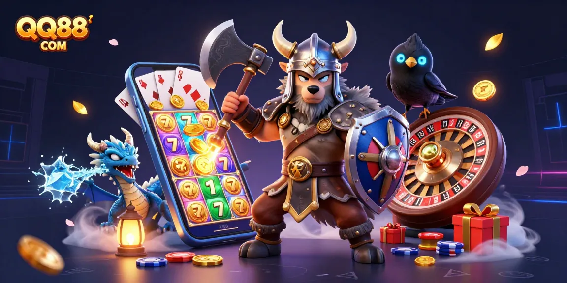 Experience thrilling gameplay with QQ88 COM, featuring a Viking wolf and dragon in an ultra-detailed casino scene.