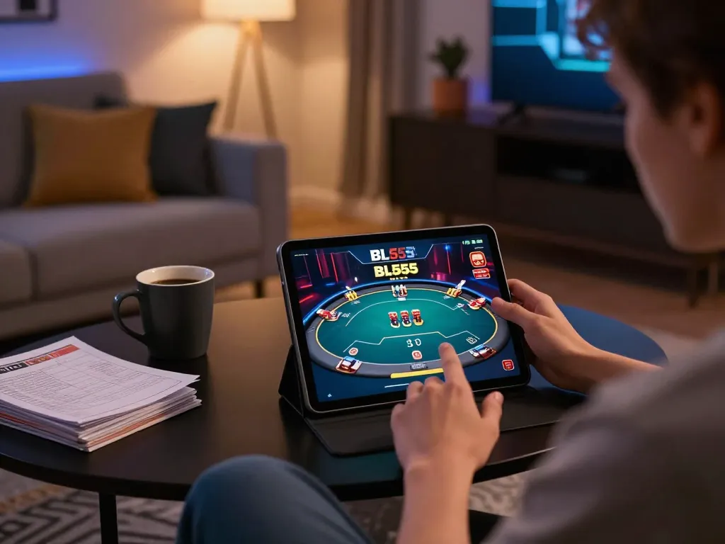 Player enjoying an engaging online game experience at BL555 casino in a cozy home environment