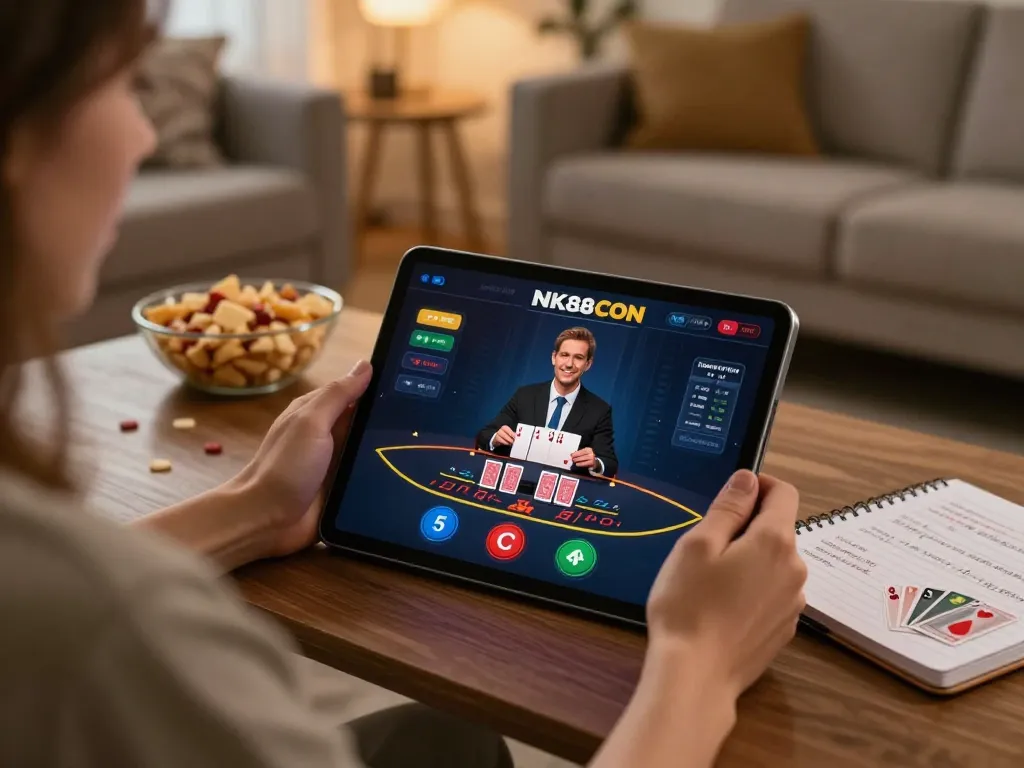 Player actively engaging with NK88 CON online blackjack, showcasing strategy notes and a cozy home atmosphere.
