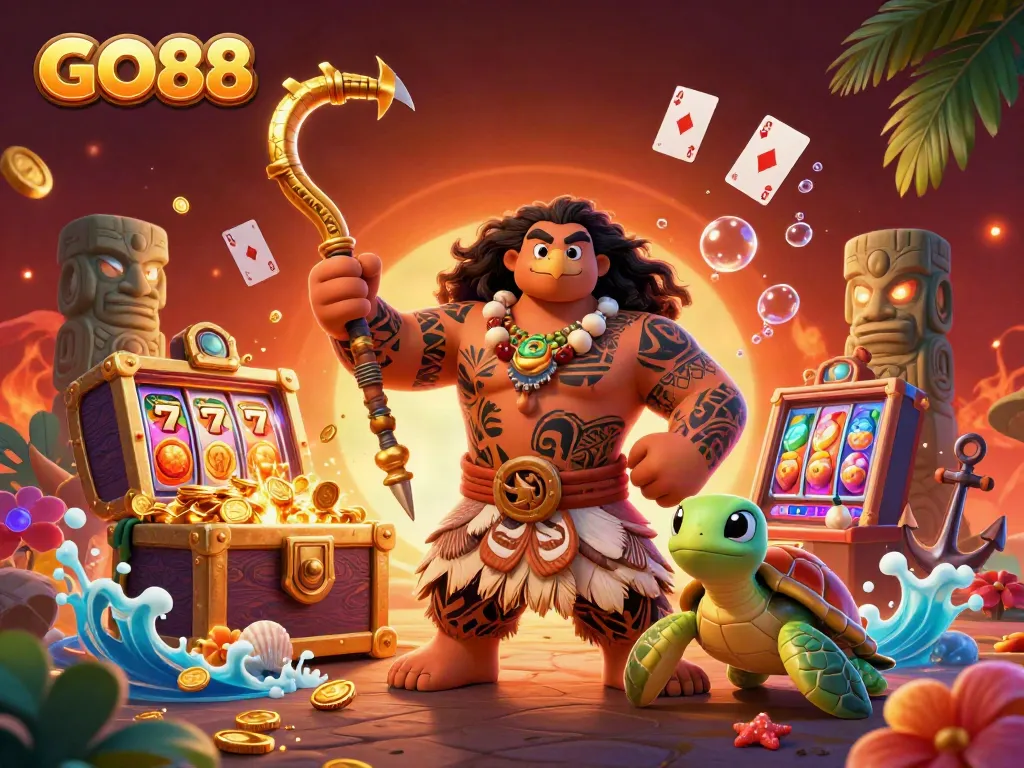 Experience the thrilling excitement of GO88 with vibrant slot machines and underwater treasures in this casino-themed illustration.