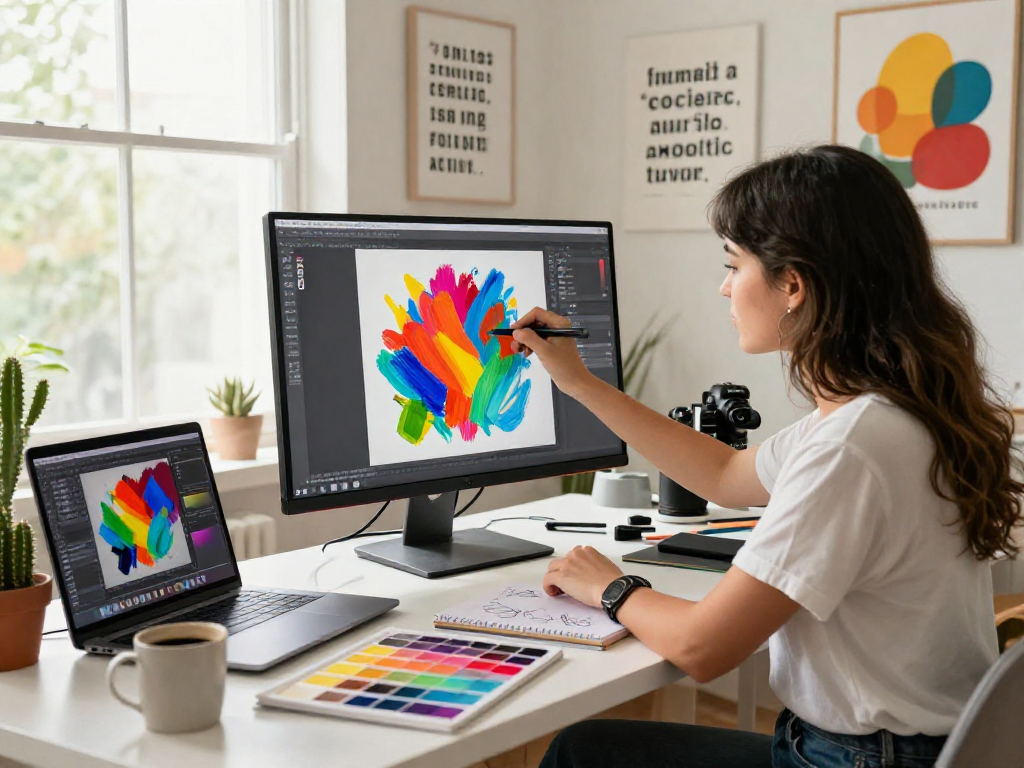 Creative workspace scene featuring a confident young woman as she explores AI art techniques, surrounded by digital tools and vibrant artwork.