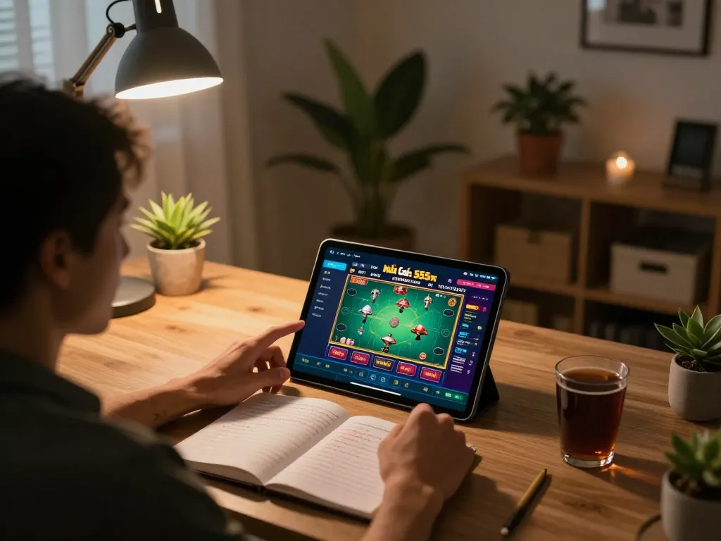 Engaging home gaming scene showcasing a player focused on the nhà cái 555win casino app for an interactive experience.