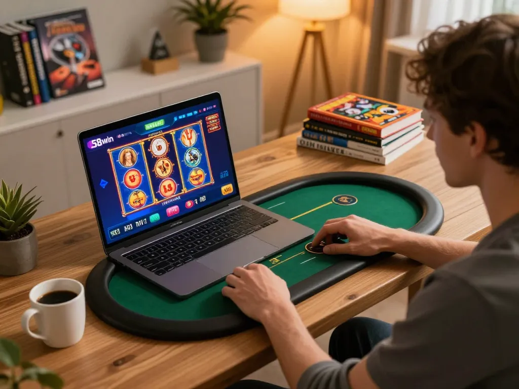 Player engaging in dynamic online gaming at 58wiin with a laptop and strategy notes visible.
