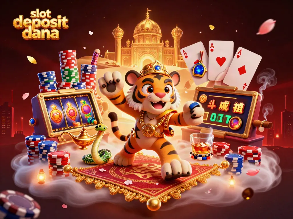 Experience the excitement of slot deposit dana with a vibrant 3D Arabian-themed casino scene.